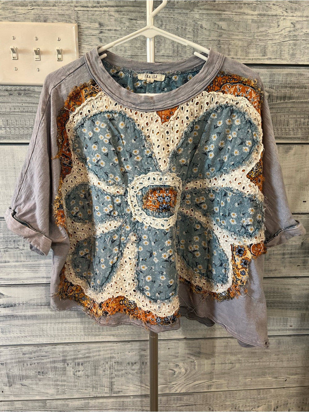 Oli & Hali Blue Floral Eyelet Patchwork Short sleeve crop top